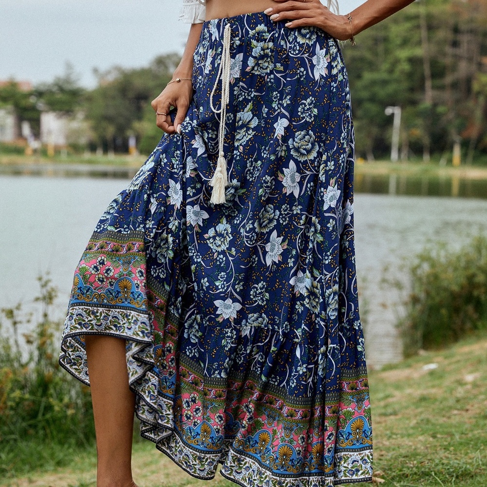 Boho Yellow Floral Tassel Ruffle Maxi Skirt Gypsy - Picture 11 of 15